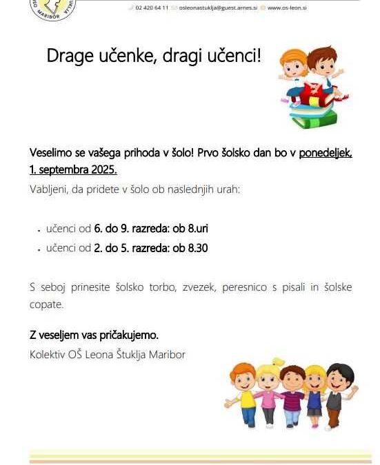 Vabilo – prvi šolski dan za UČENCE OD 2. DO 9. RAZREDA