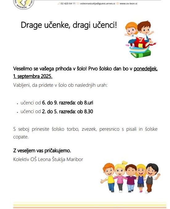 Vabilo – prvi šolski dan za UČENCE OD 2. DO 9. RAZREDA
