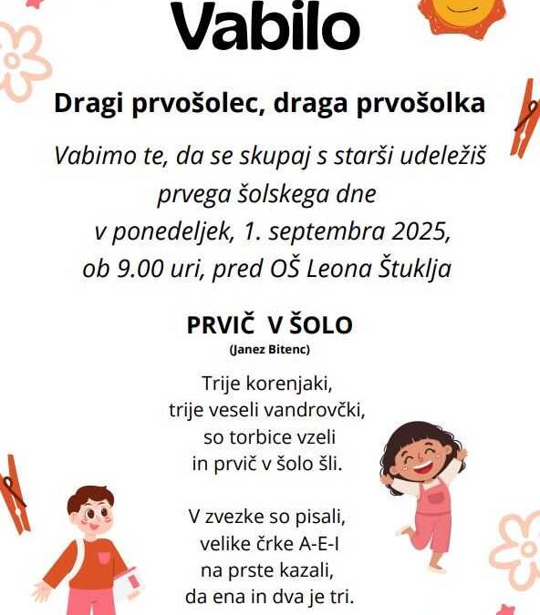 Vabilo – prvi šolski dan za PRVOŠOLCE