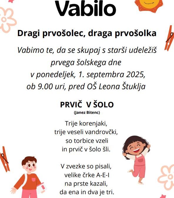 Vabilo – prvi šolski dan za PRVOŠOLCE