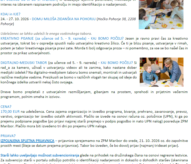 Tabor za nadarjene učence – v času jesenskih počitnice